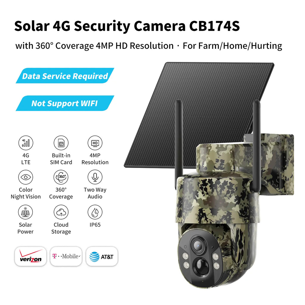 Solar Powered 4G Security Camera CB174S, 2K HD Color Night Vision, No Wifi Outdoor Camera for Farm/Home with IP65 Waterproof, Data Service Supported